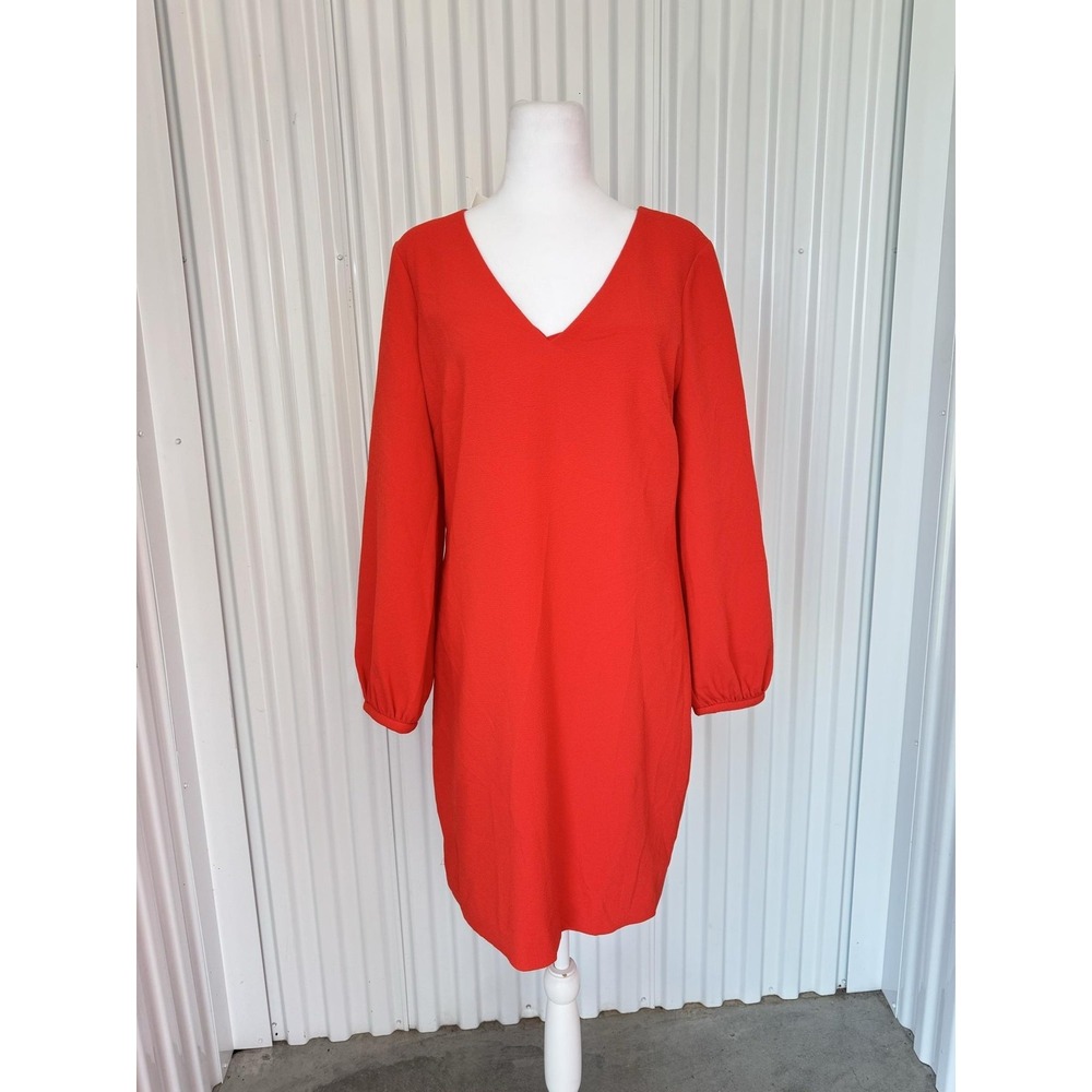 Trina Turk Dress Womens 8 Orange VNeck Shift Long Sleeve Lined Knee Length Party